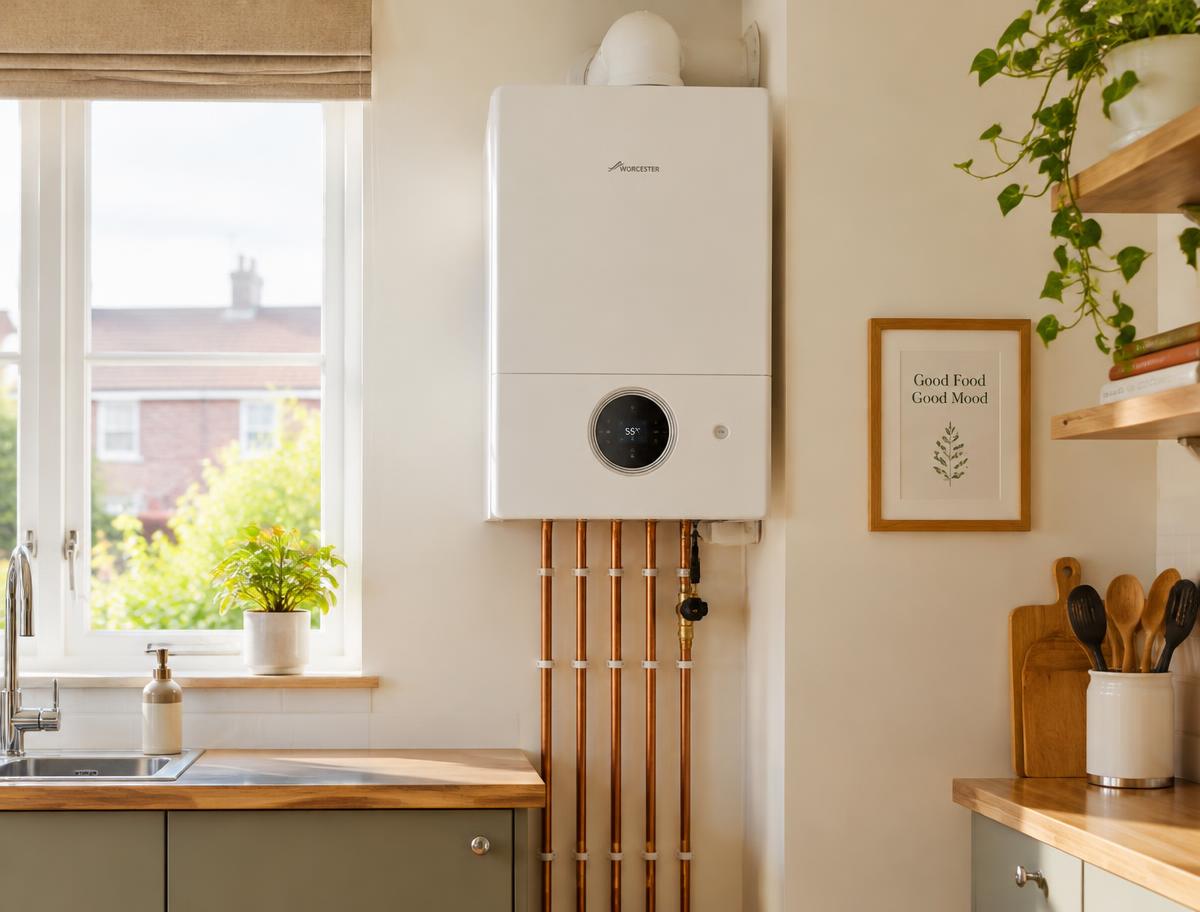 A modern white boiler neatly installed on a kitchen wall